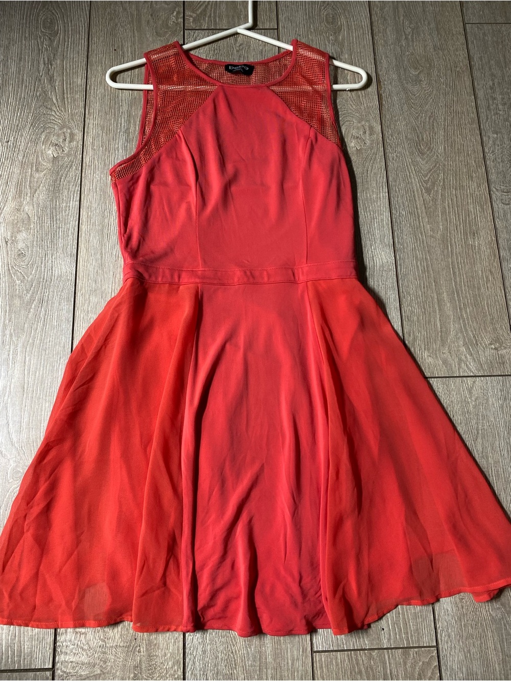 bebe Red Fit & Flare Skater Dress Mesh Illusion Neckline Size M